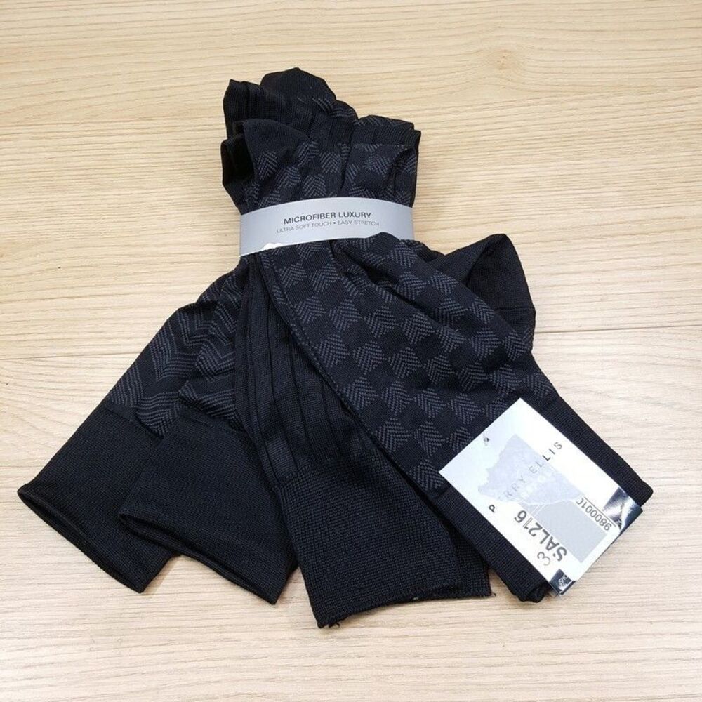 PERRY ELLIS Crew Dress Socks Black 3-Pack Solid Chevron Check Nylon Stretch